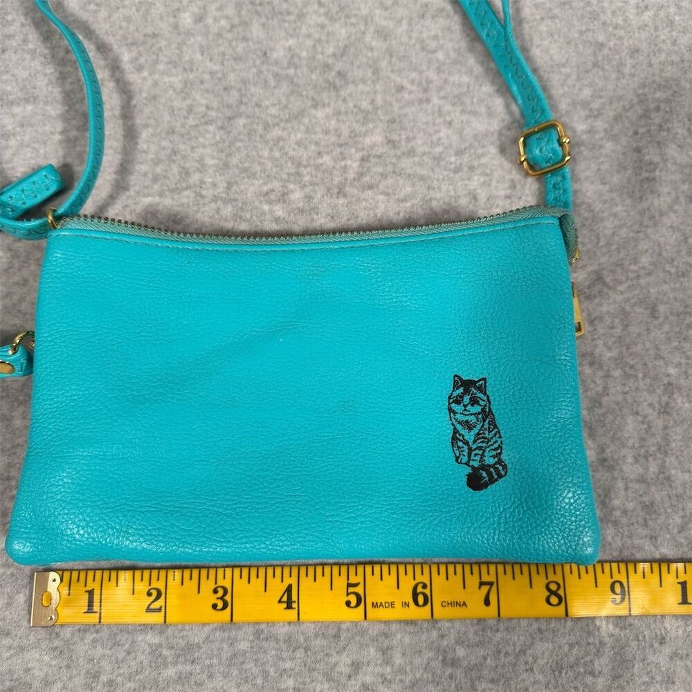 Shara Porter Small Aqua Crossbody Bag with Black Cat Print Adjustable Strap - Picture 14 of 16